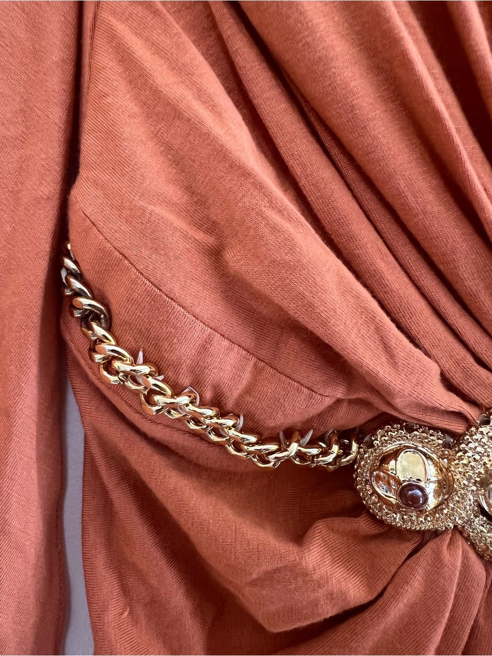 Sky Rust Orange Draped Tunic with Gold Chain Medallion - Picture 4 of 7